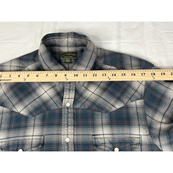 Filson Flannel Western Shirt Men’s L Pearl Snap Blue Gray Plaid Midweight - Picture 13 of 14
